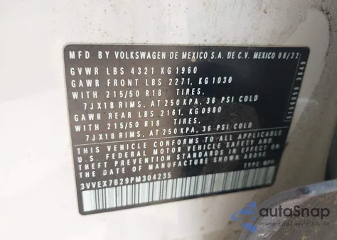 2023 Volkswagen Taos 1.5T Se z USA, uszkodzony, nr VIN 3VVEX7B29PM304235